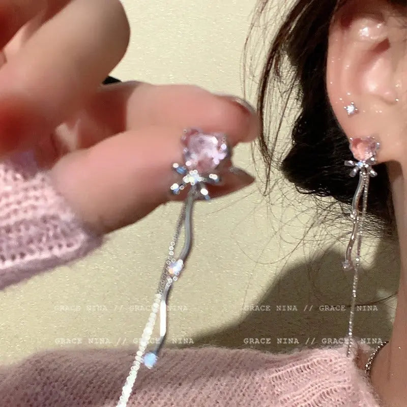Pink Crystal Heart Bow Earrings fashionnsio