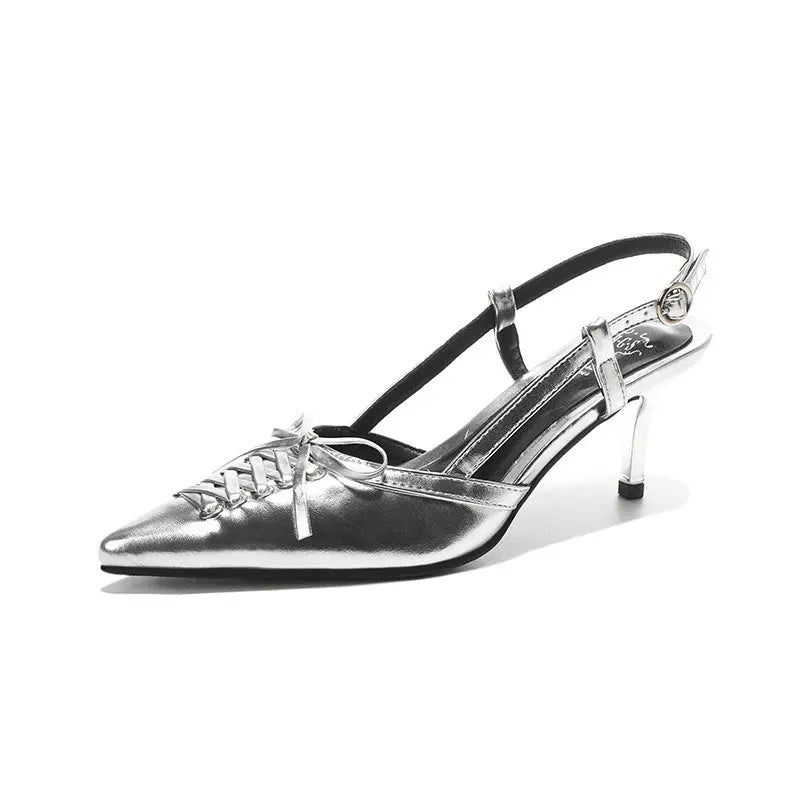 Bow Lace-up Metallic Pointed Heels fashionnsio
