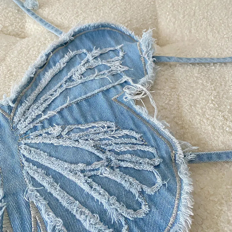 Butterfly Denim Halter Top fashionnsio