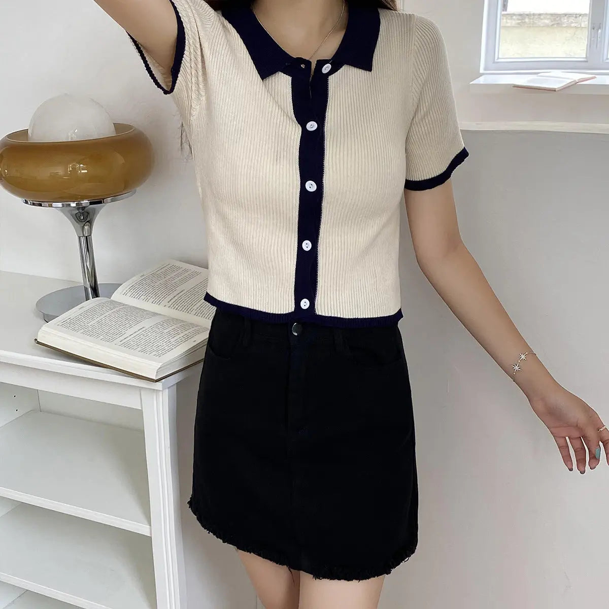 Knit Polo Button Sweater Top fashionnsio