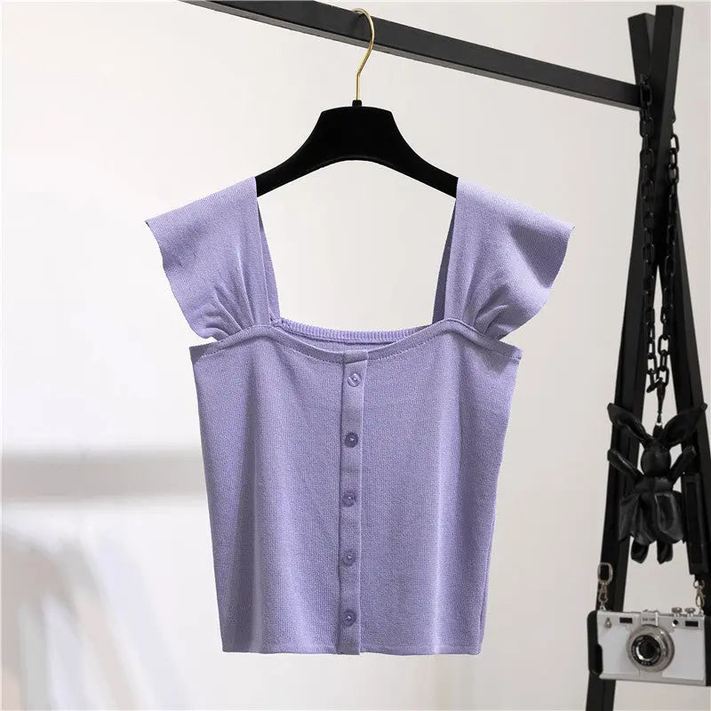 Knitted Button Up Crop Top fashionnsio