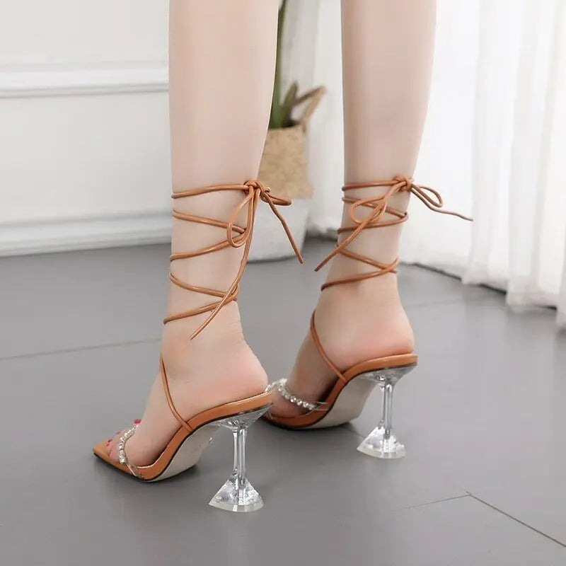 Diamond Wine Glass Lace Up Heels fashionnsio