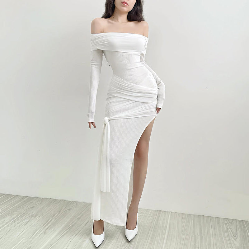 Off Shoulder Knot Slit Bodycon Dress