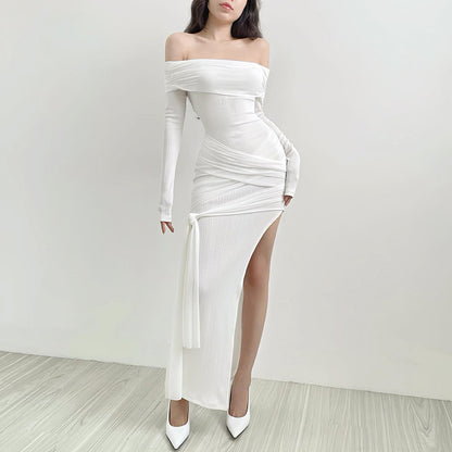 Off Shoulder Knot Slit Bodycon Dress