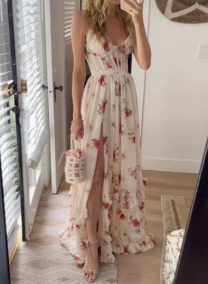 Floral Ruffle Slit Dress fashionnsio