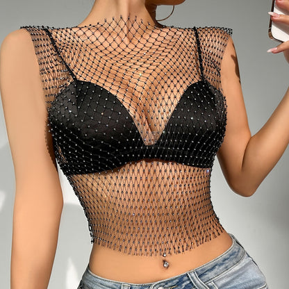 Rhinestone See Through Net Top