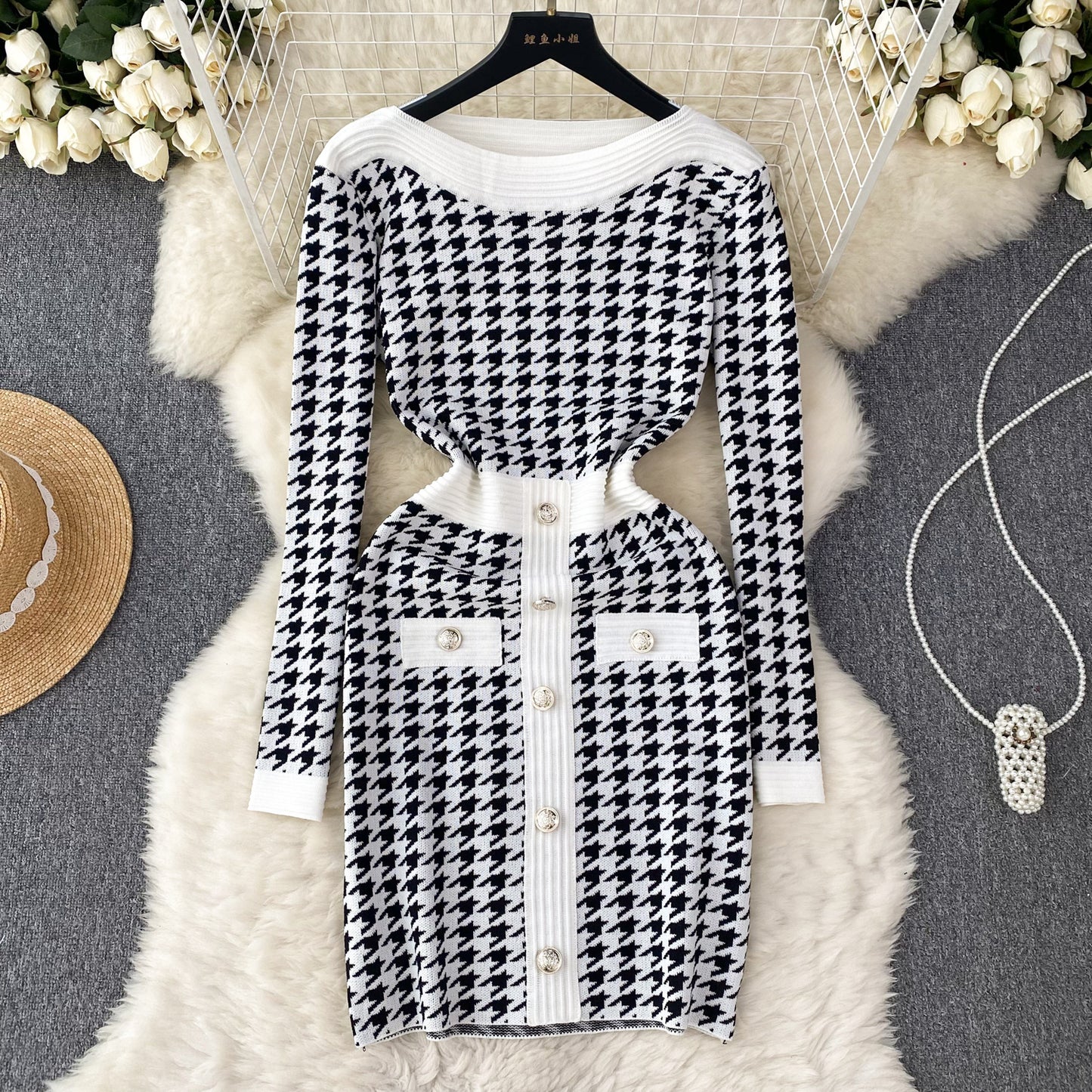 Korean Plaid Bodycon Knitted Dress