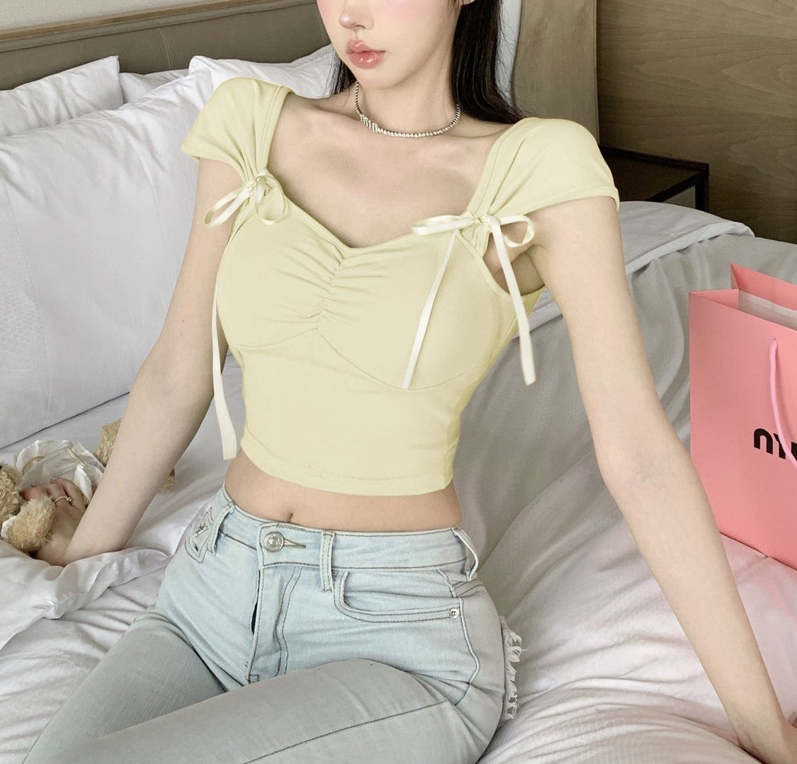 Pleated Bow Strap Crop Top