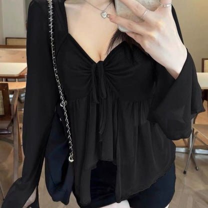 Pleated Long Sleeve Irregular Mesh Top