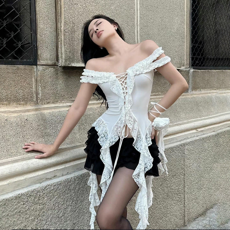 Lace Off Shoulder Ruffle Top fashionnsio