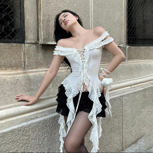 Lace Off Shoulder Ruffle Top fashionnsio