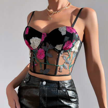 Flower Embroidered Mesh Crop Corset Top