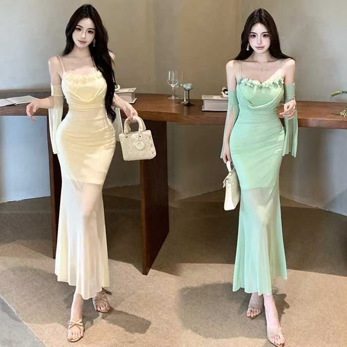 Floral Mesh Long Bodycon Dress - Fashionnsio