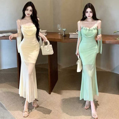 Floral Mesh Long Bodycon Dress - Fashionnsio