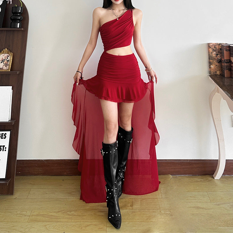 One Shoulder Cutout Ruffle Dress - Fashionnsio