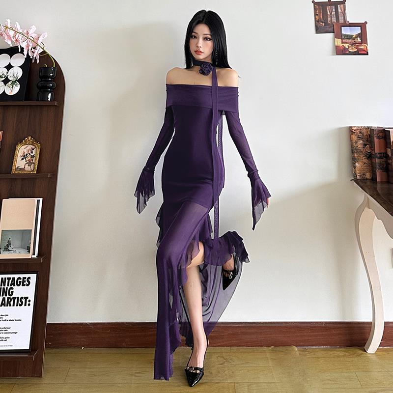 Off Shoulder Mesh Ruffle Dress - Fashionnsio