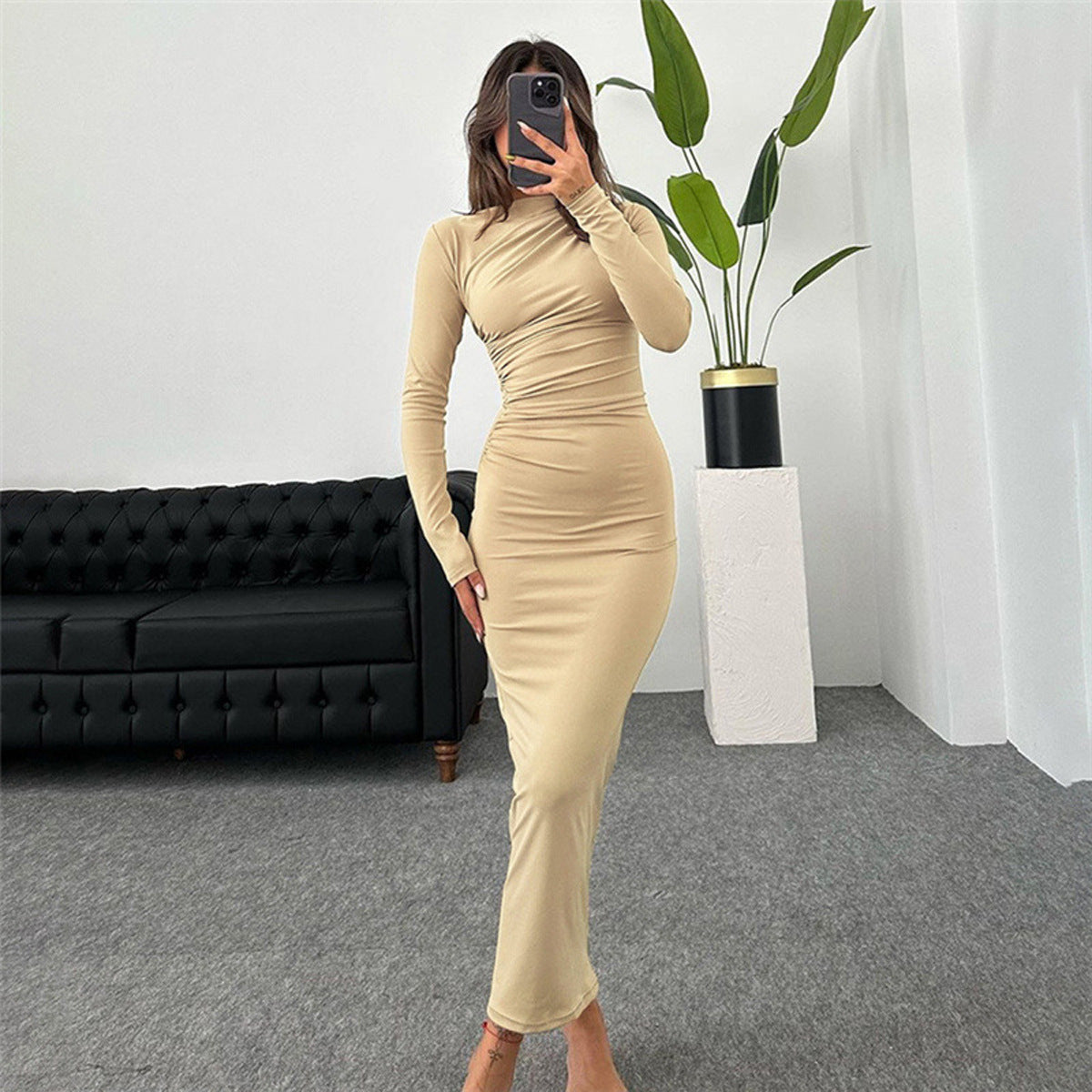 Slim Fit Bodycon Long Pleated Dress