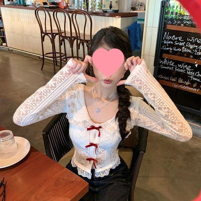 Collar Lace Long Sleeve Top - Fashionnsio