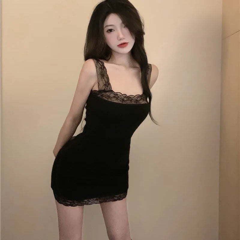 Square Neck Lace Mini Dress - Fashionnsio