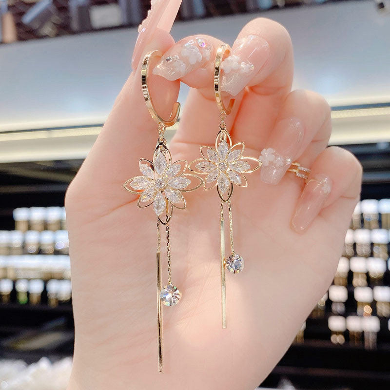 Crystal Flower Tassel Drop Earrings fashionnsio