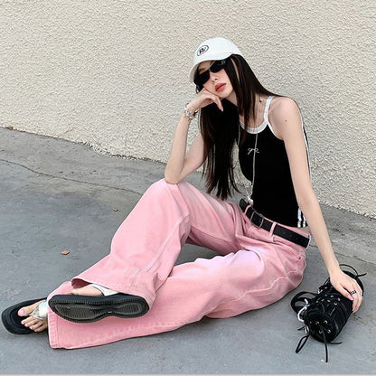 Pink Y2K Wide Leg Jeans - Fashionnsio