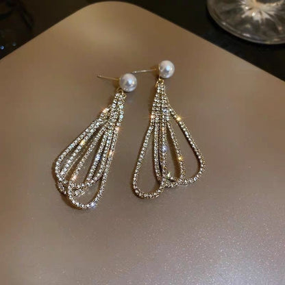 Korean Diamond Long Pearl Dangle Earrings fashionnsio