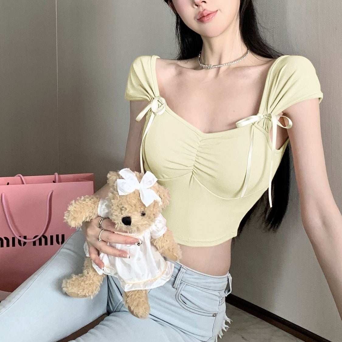 Pleated Bow Strap Crop Top