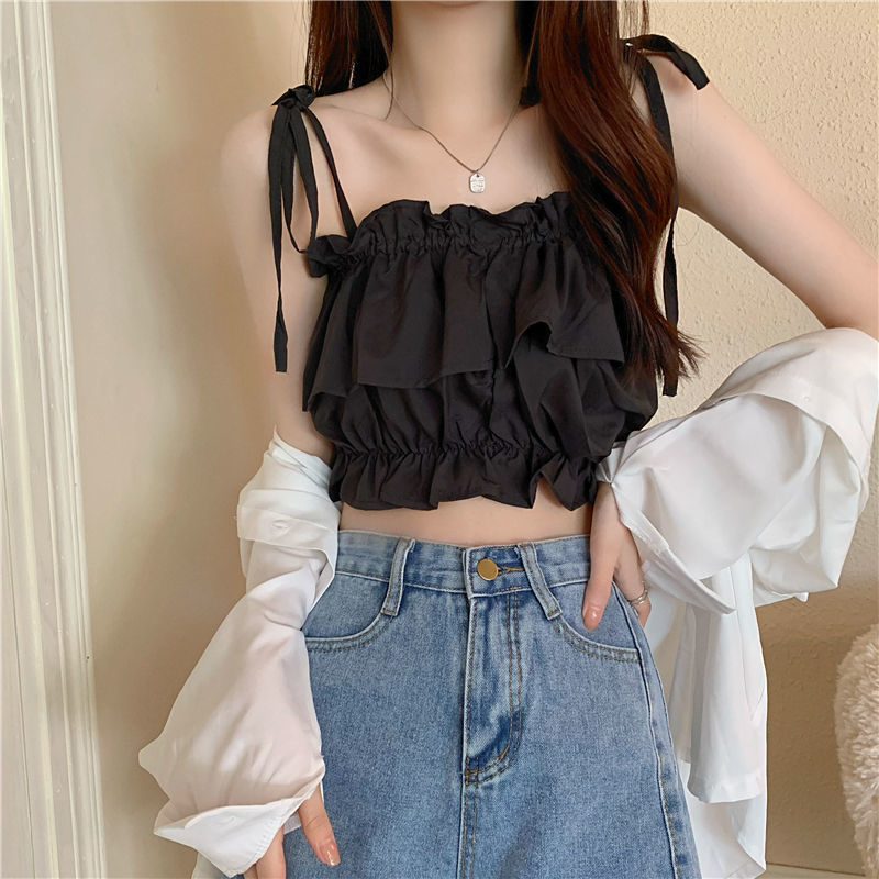 Ruffled Lace Up Strap Top