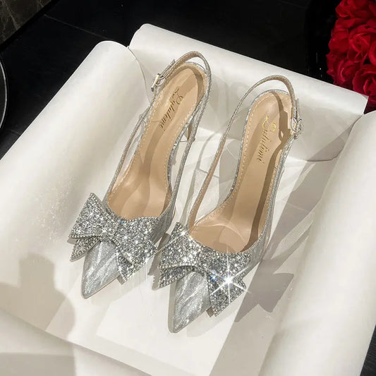 Sequin Rhinestone Bow Pointed Heels fashionnsio