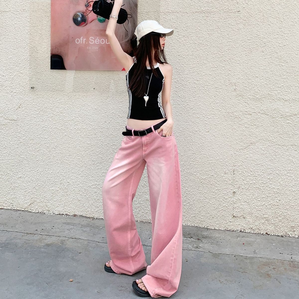 Pink Y2K Wide Leg Jeans - Fashionnsio