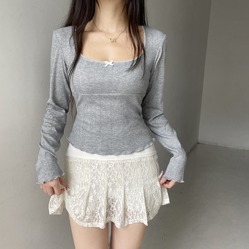 Square Collar Long-sleeve Bow Top