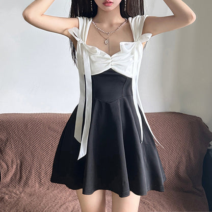 Bow Ribbon Pleated Mini Dress