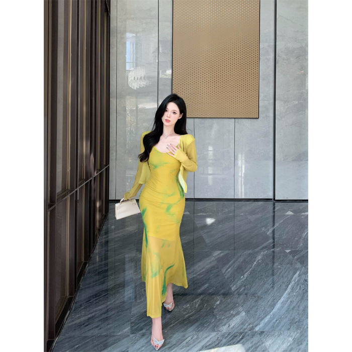 Long Bodycon Dress With Cardigan - Fashionnsio