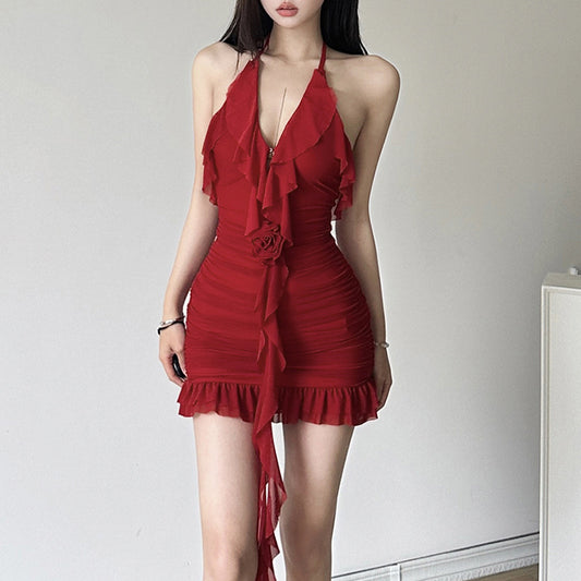 Rose Halter Neck Ruffle Dress