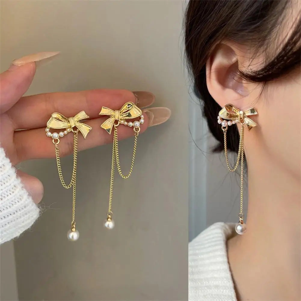 Bow Chain Pearl Tassel Earrings fashionnsio