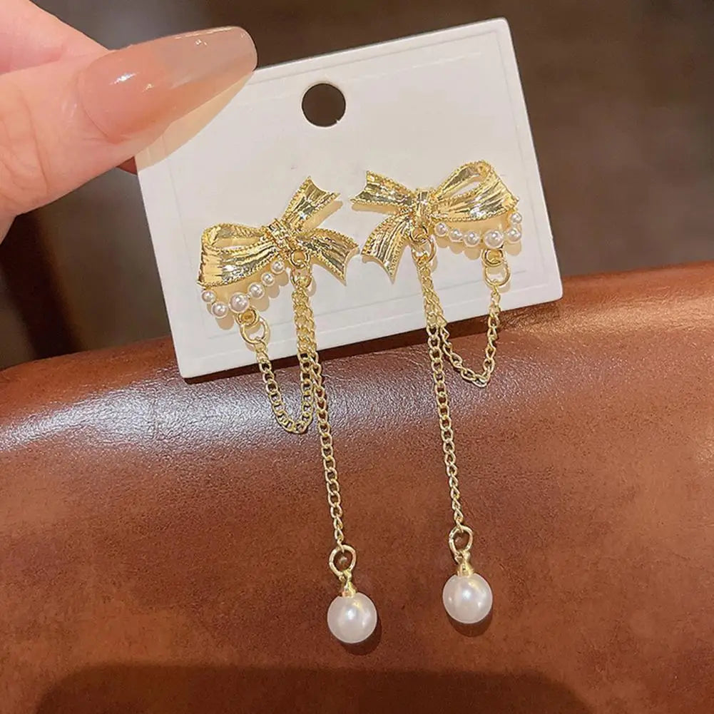 Bow Chain Pearl Tassel Earrings fashionnsio