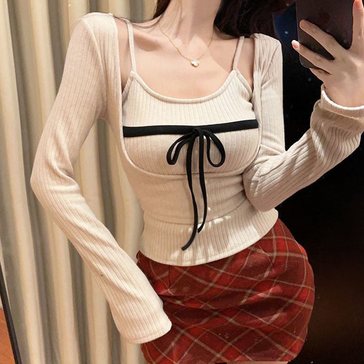 Korean Bow Knit Two Piece Set Top