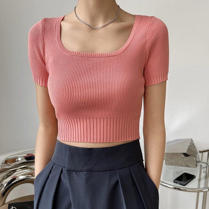 Square Neck Cropped Knit Top fashionnsio