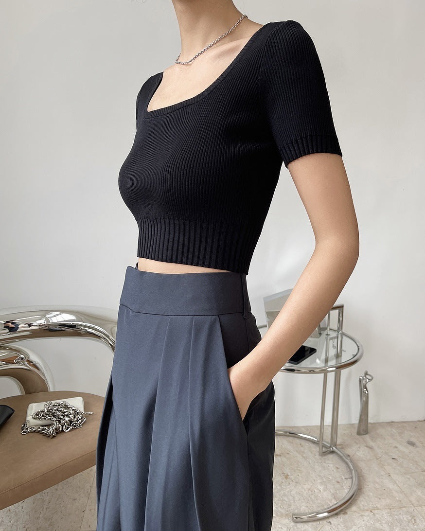 Square Neck Cropped Knit Top