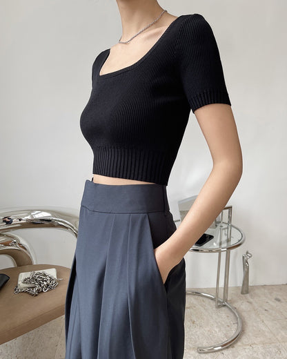 Square Neck Cropped Knit Top fashionnsio