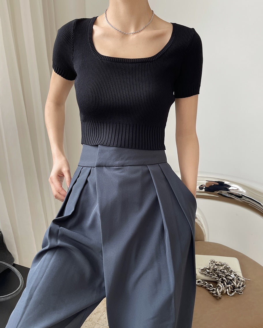 Square Neck Cropped Knit Top fashionnsio