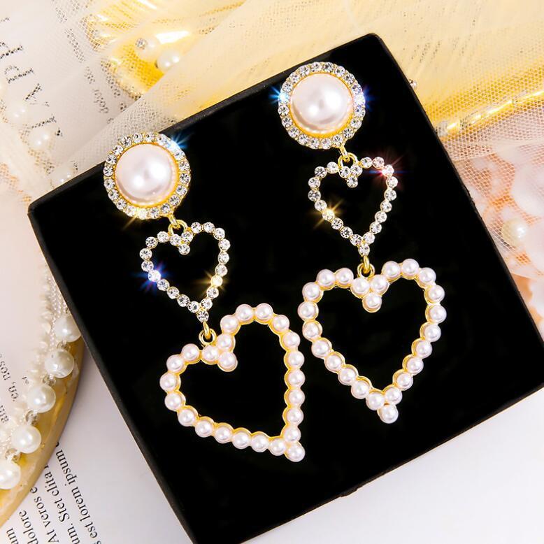 Pearl Heart Rhinestone Drop Earrings fashionnsio