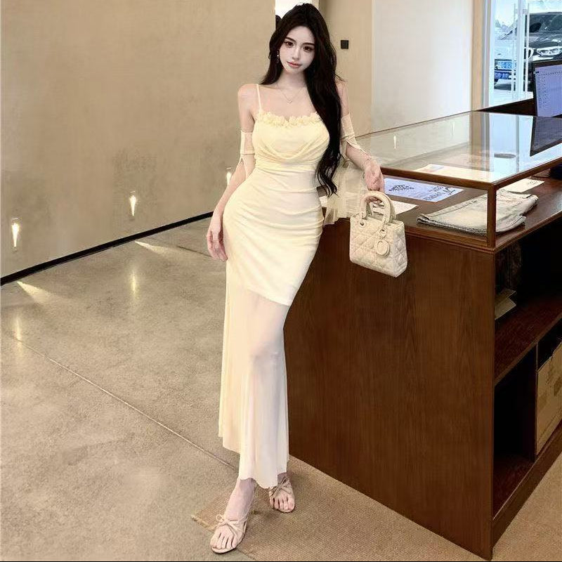 Floral Mesh Long Bodycon Dress - Fashionnsio
