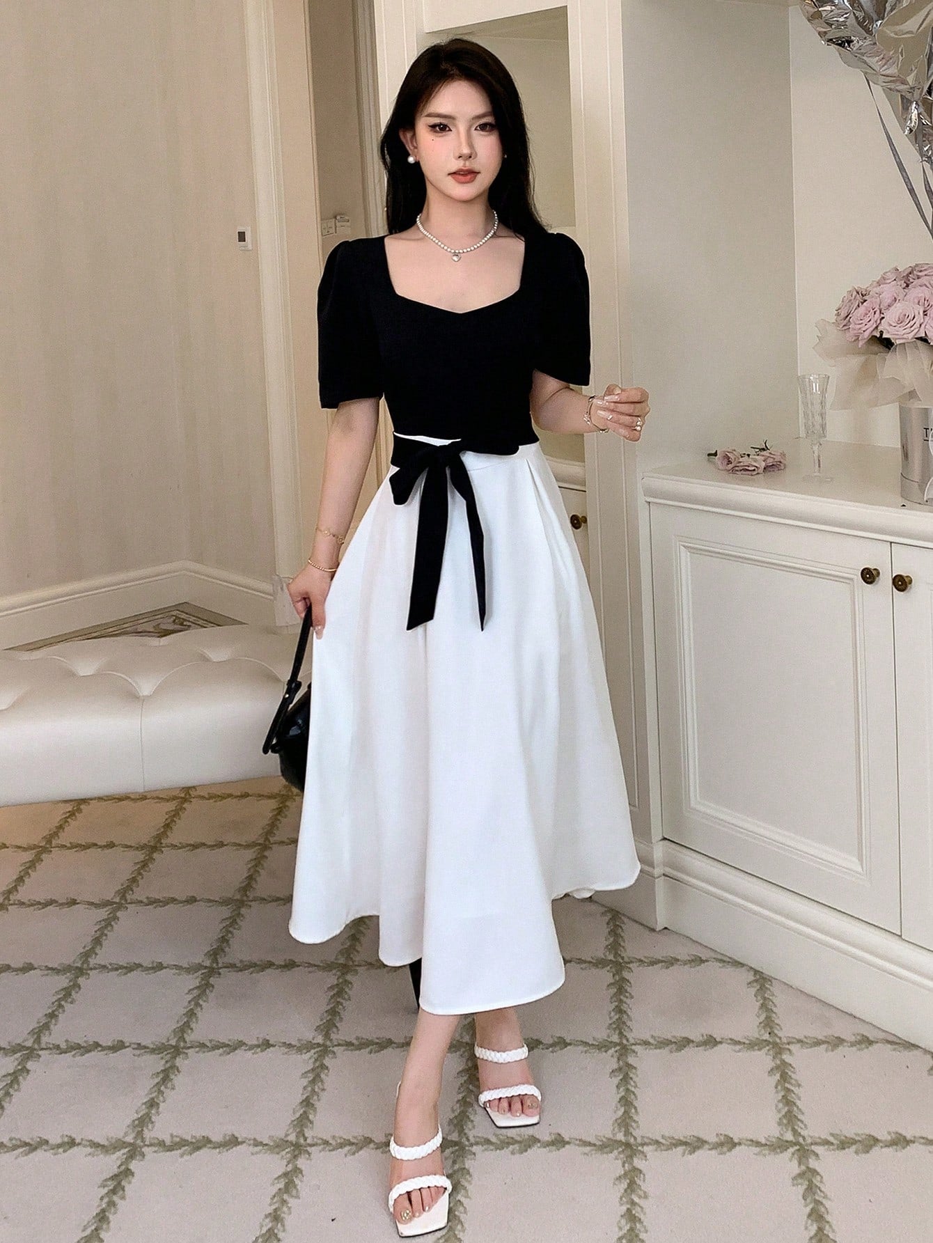 Korean Puff Sleeve Bow Dress