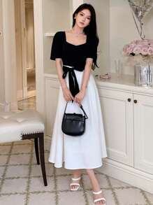 Korean Puff Sleeve Bow Dress