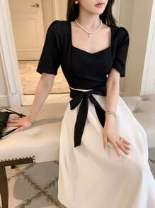 Korean Puff Sleeve Bow Dress