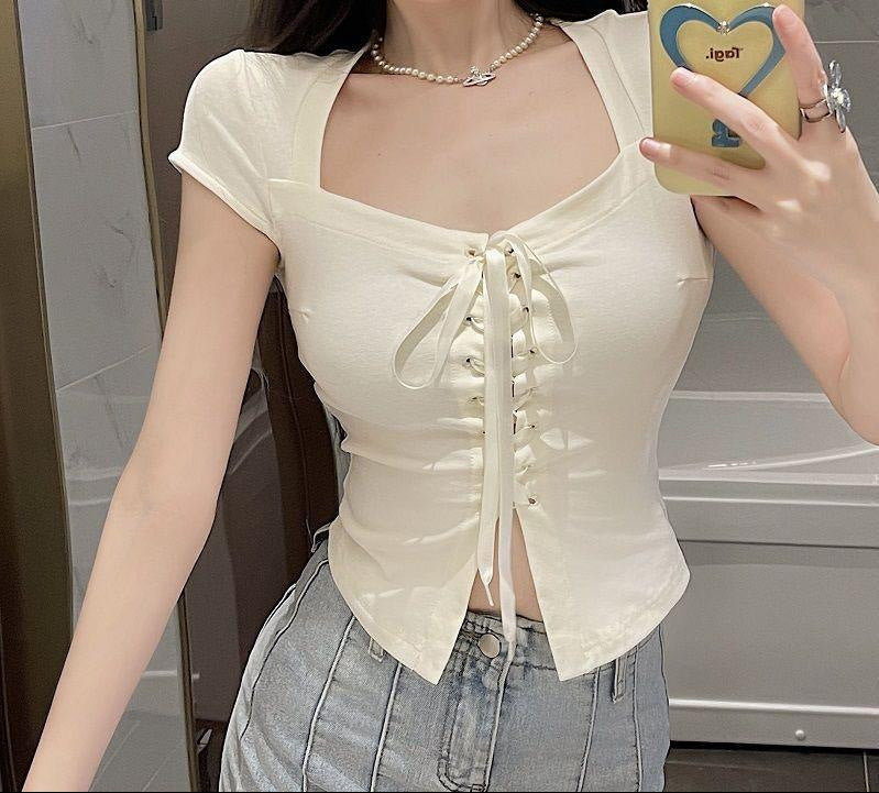 Square Neck Ribbon Lace-up Top fashionnsio