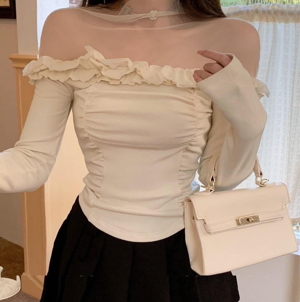 Ruffle Mesh Pleated Long Sleeve Top fashionnsio