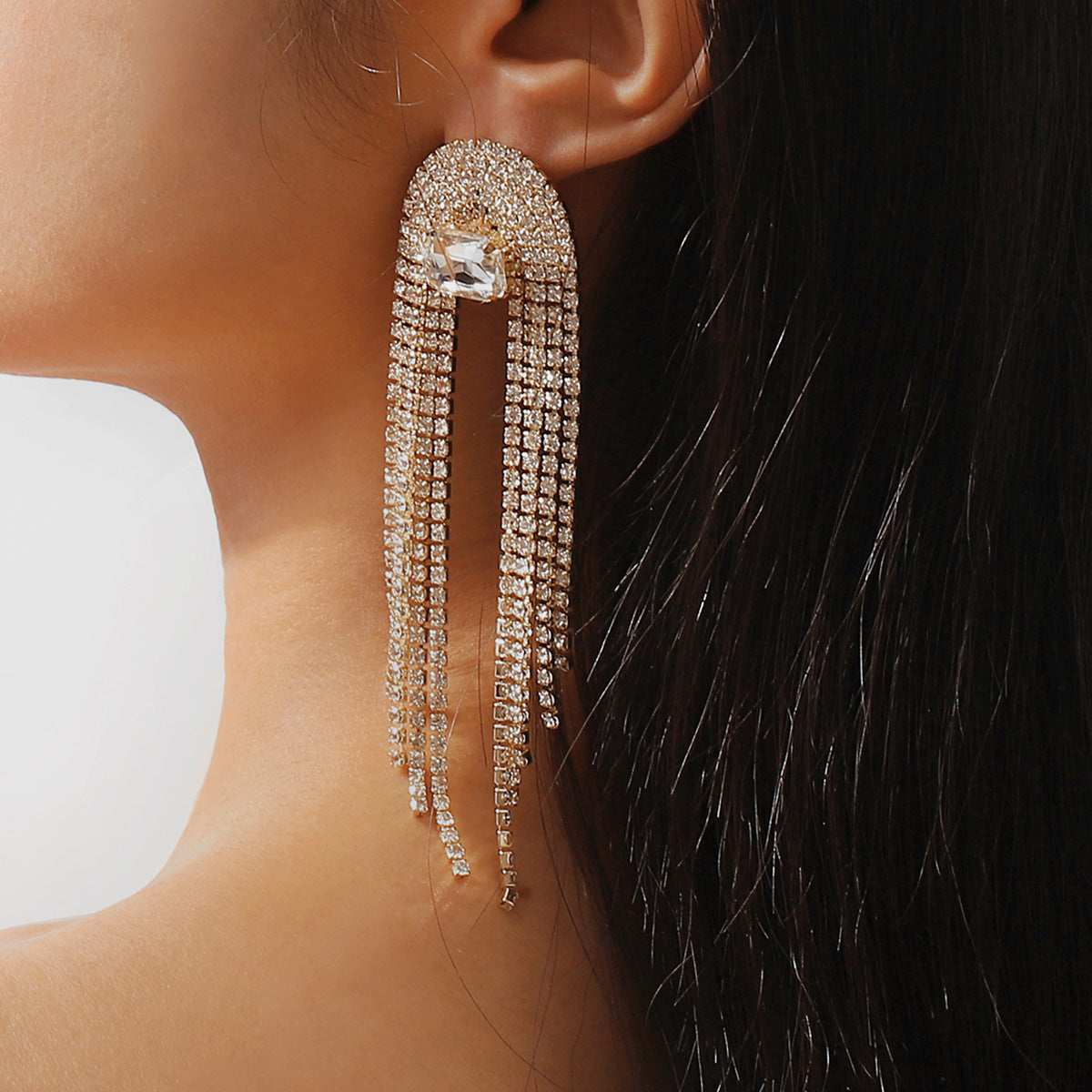 Shiny Long Crystal Tassel Drop Earrings fashionnsio