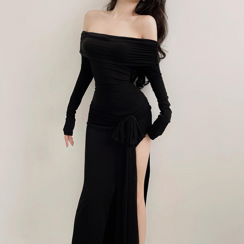 Off Shoulder Knot Slit Bodycon Dress